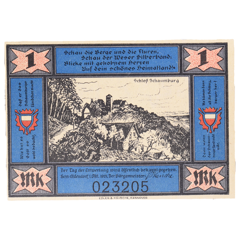 Banknot, Niemcy, Hess-Oldendorf, 1 Mark, chateau 1, 1920, 1920-12-31, UNC(60-62)