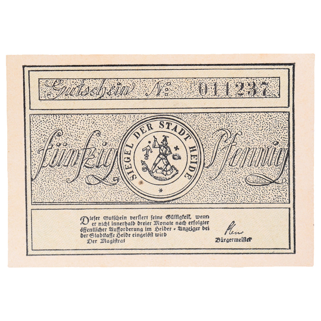 Geldschein, Deutschland, Heide Stadt, 50 Pfennig, portrait 1, undated (1921)