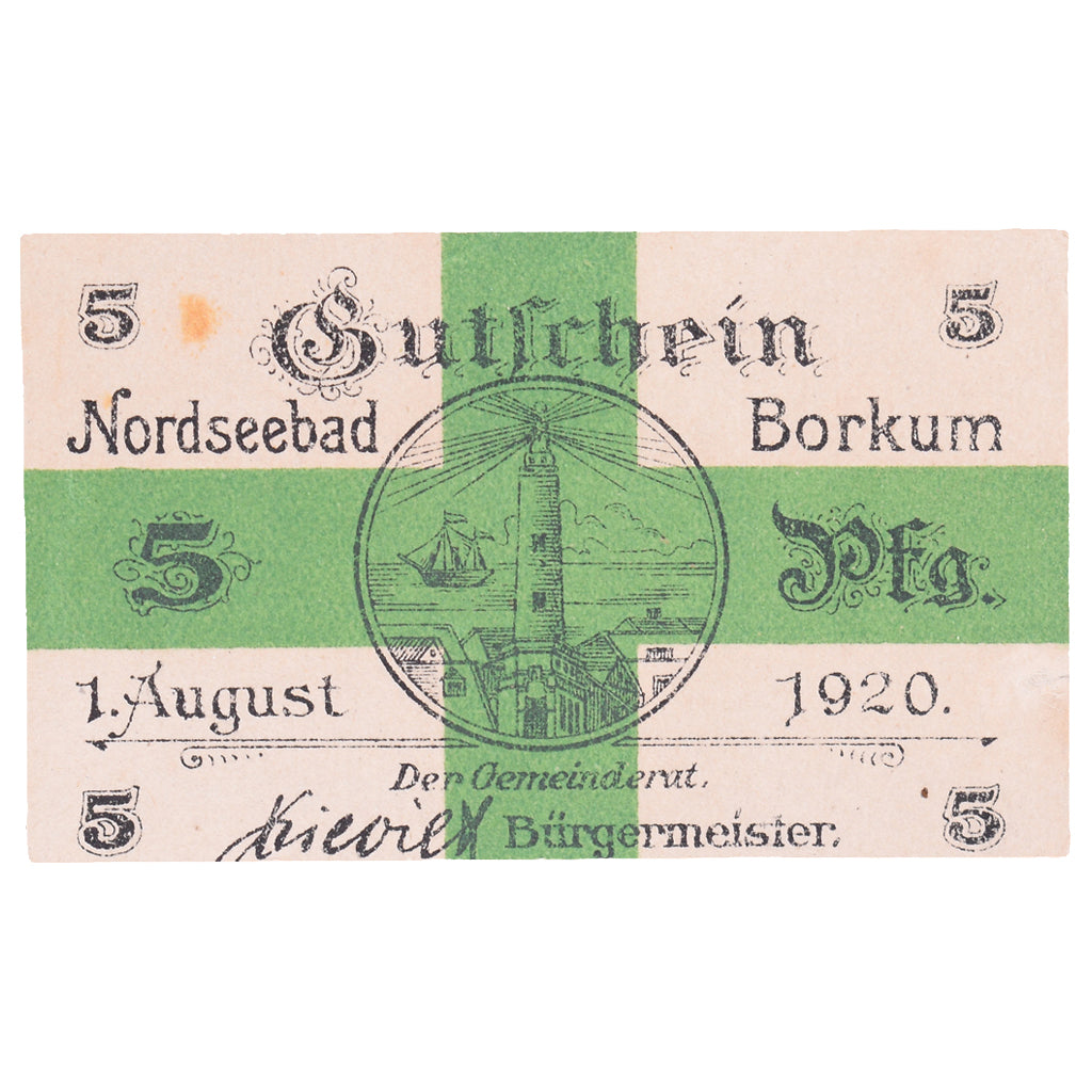 Geldschein, Deutschland, Borkum Gemeinde, 5 Pfennig, valeur faciale, 1920