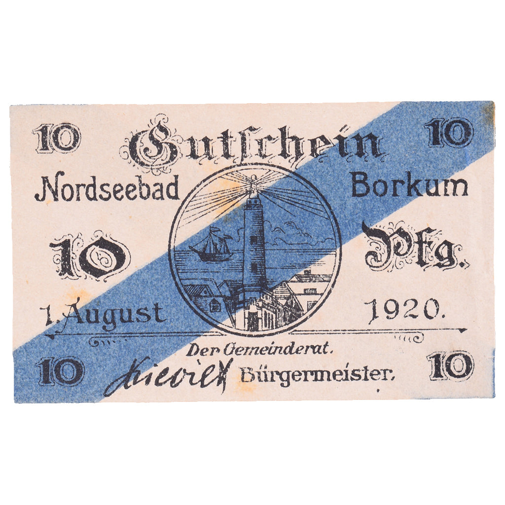 Banconote, Germania, Borkum Gemeinde, 10 Pfennig, valeur faciale, 1920