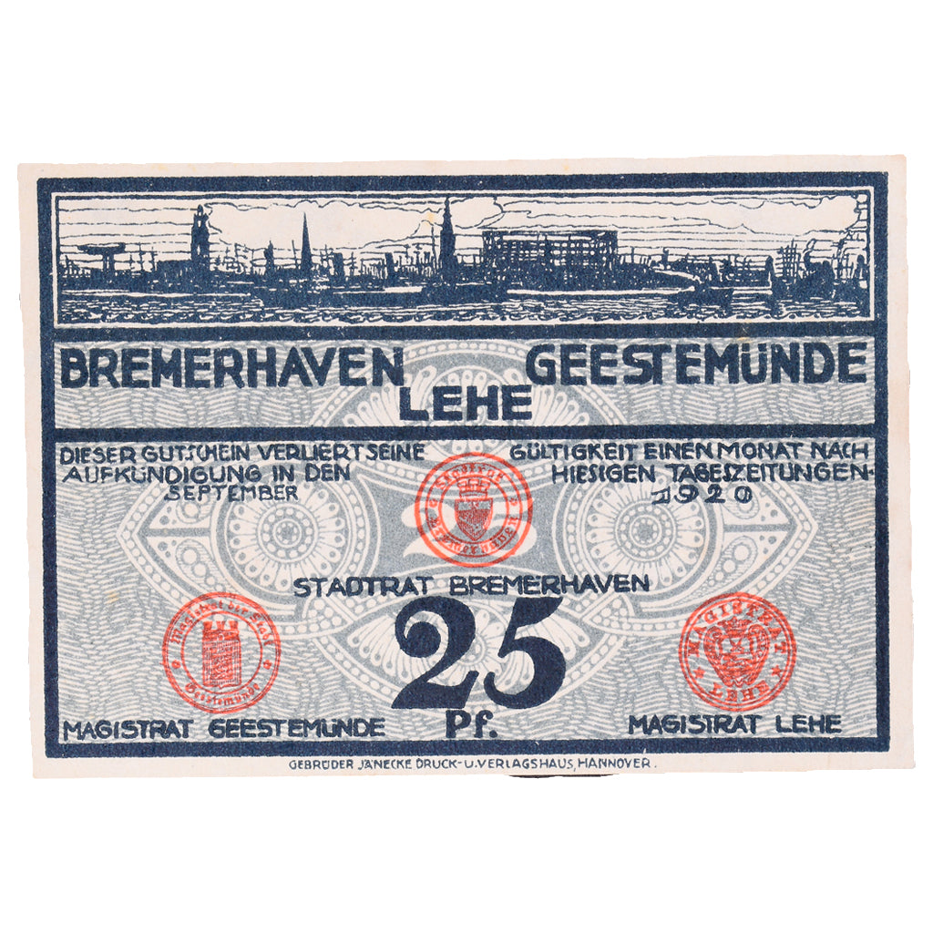 Banknot, Niemcy, Bremerhaven, 25 Pfennig, poisson, 1920, UNC(63), Mehl:B86.3