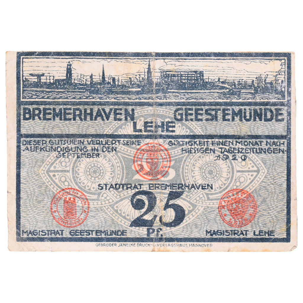 Geldschein, Deutschland, Bremerhaven, 25 Pfennig, Poissons 1, 1920, UNZ-