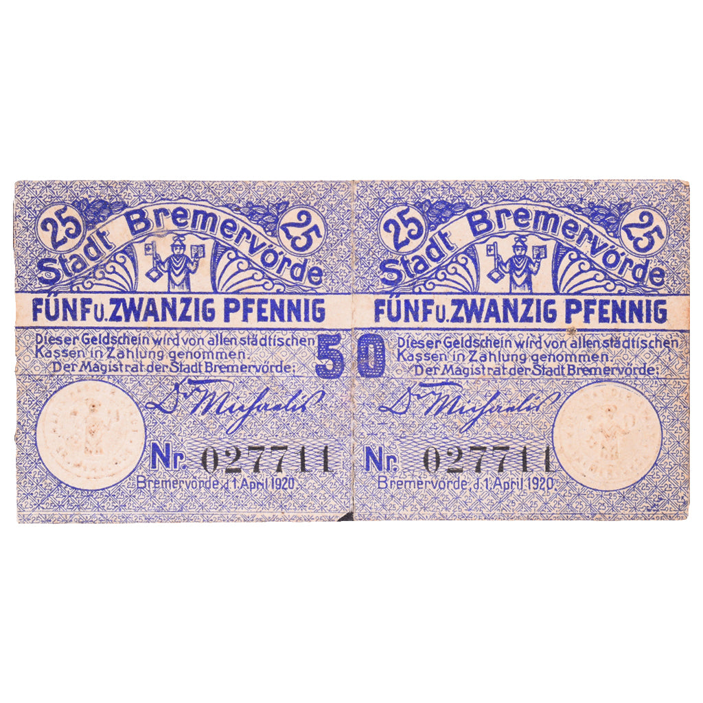 Banknot, Niemcy, Bremervörde, 25 Pfennig, coupe, 1920, 1920-04-01, UNC(63)