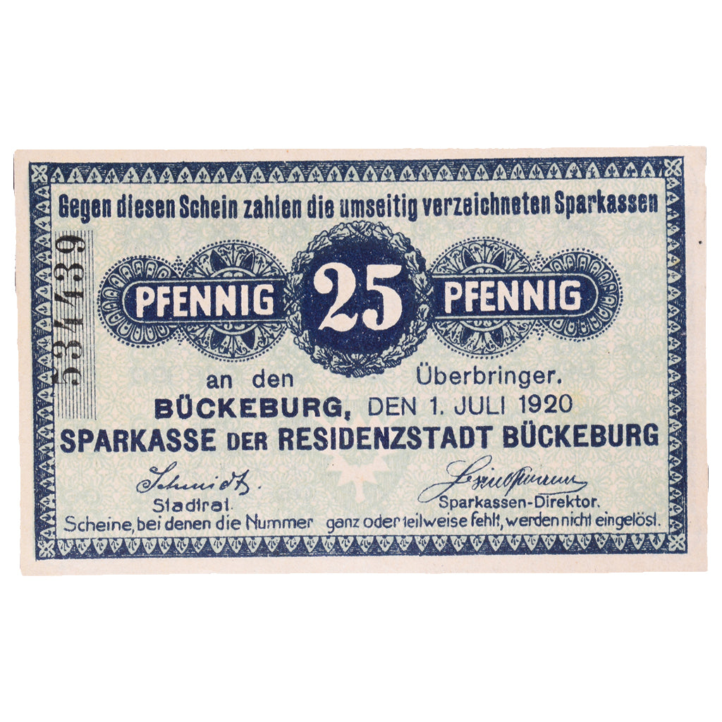 Banknot, Niemcy, Buckeburg Sparkasse, 25 Pfennig, Texte 2, 1917, 1917-07-01