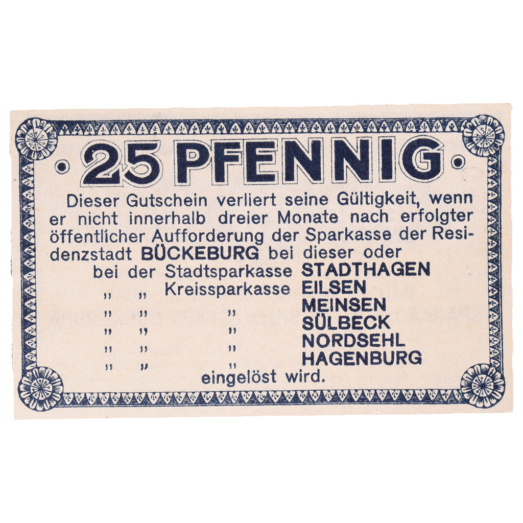 Banknot, Niemcy, Buckeburg Sparkasse, 25 Pfennig, Texte 2, 1917, 1917-07-01
