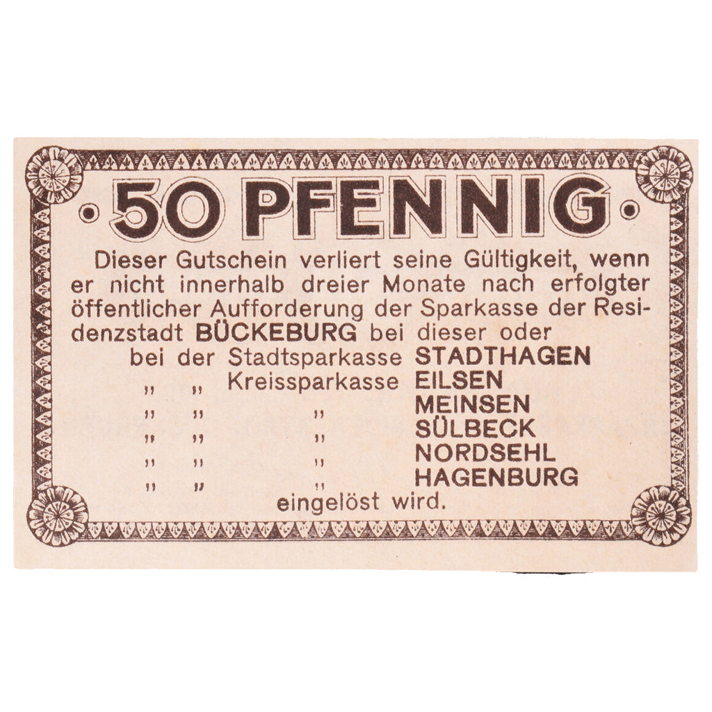 Banknot, Niemcy, Buckeburg Sparkasse, 50 Pfennig, Texte, 1917, 1917-07-01