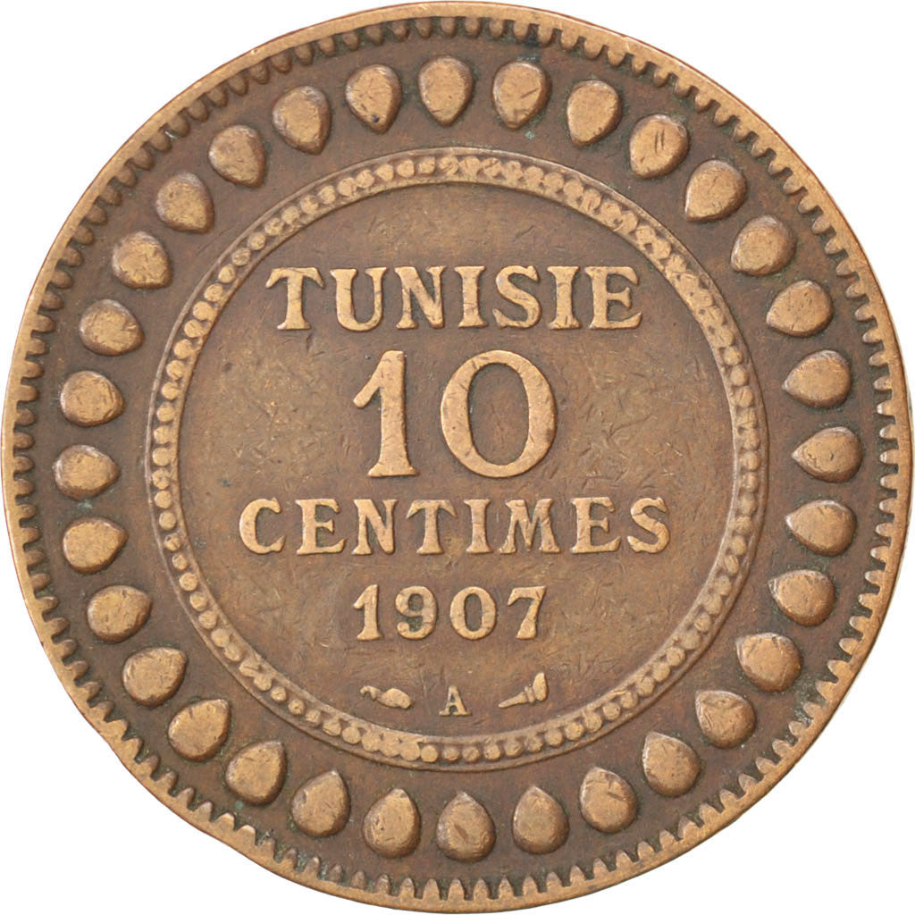 Tunisia, Muhammad al-Nasir Bey, 10 Centimes, 1907, Paris, Bronze, EF(40-45)