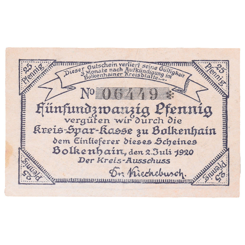 Banknot, Niemcy, Bolkenhain, 25 Pfennig, montagne, 1920, 1920-01-10, AU(55-58)
