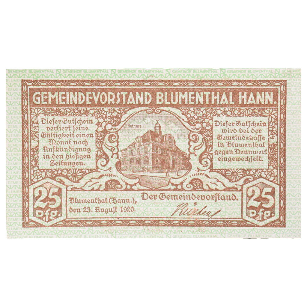 Banknot, Niemcy, Blumenthal Gemeinde, 25 Pfennig, Usine, 1920, 1920-08-23