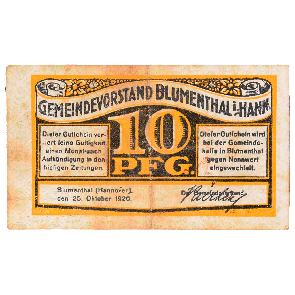 Geldschein, Deutschland, Blumenthal Gemeinde, 10 Pfennig, valeur faciale, 1920
