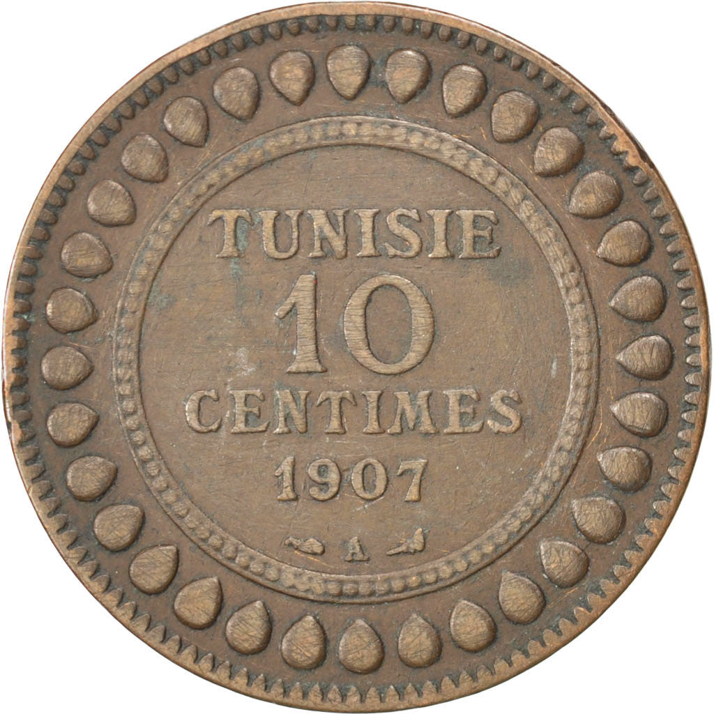 Tunisia, Muhammad al-Nasir Bey, 10 Centimes, 1907, Paris, Bronze, EF(40-45)