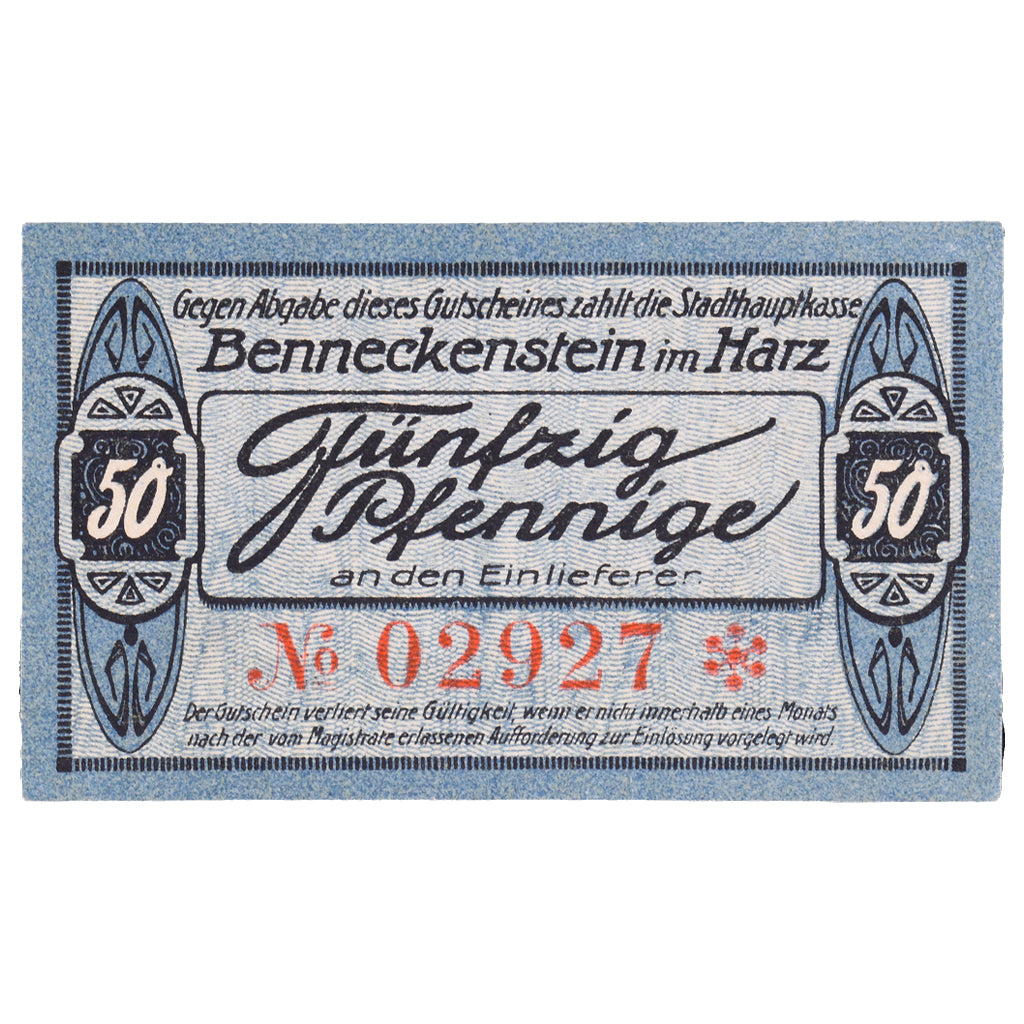 Banconote, Germania, Benneckenstein im Harz Stadt, 50 Pfennig, paysage 5, 1919