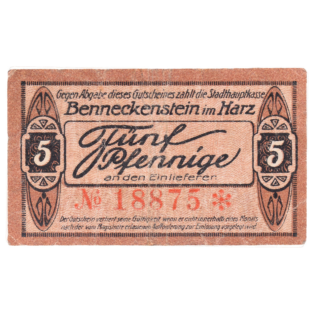 Banconote, Germania, Benneckenstein im Harz Stadt, 5 Pfennig, paysage, 1919