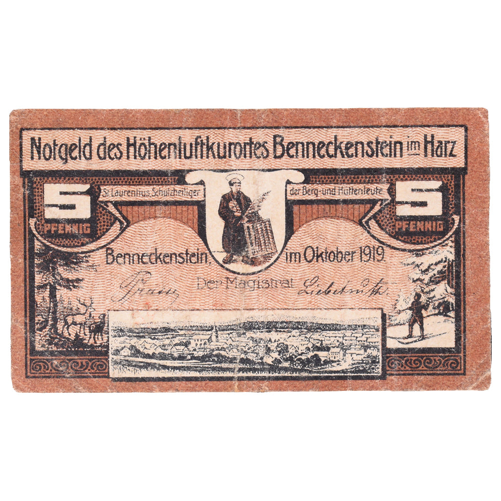 Banconote, Germania, Benneckenstein im Harz Stadt, 5 Pfennig, paysage, 1919
