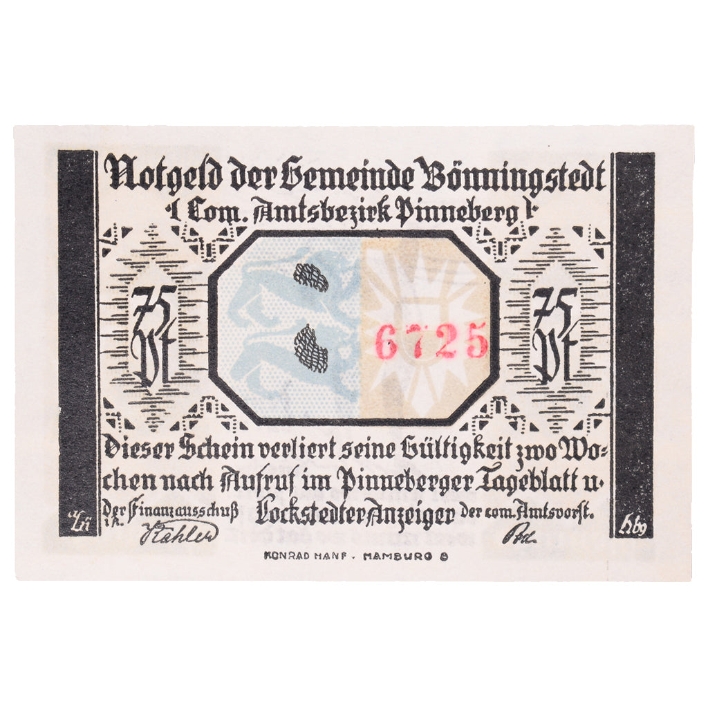 Banknot, Niemcy, Bönningstedt, 75 Pfennig, personnage, 1921, UNC(60-62)