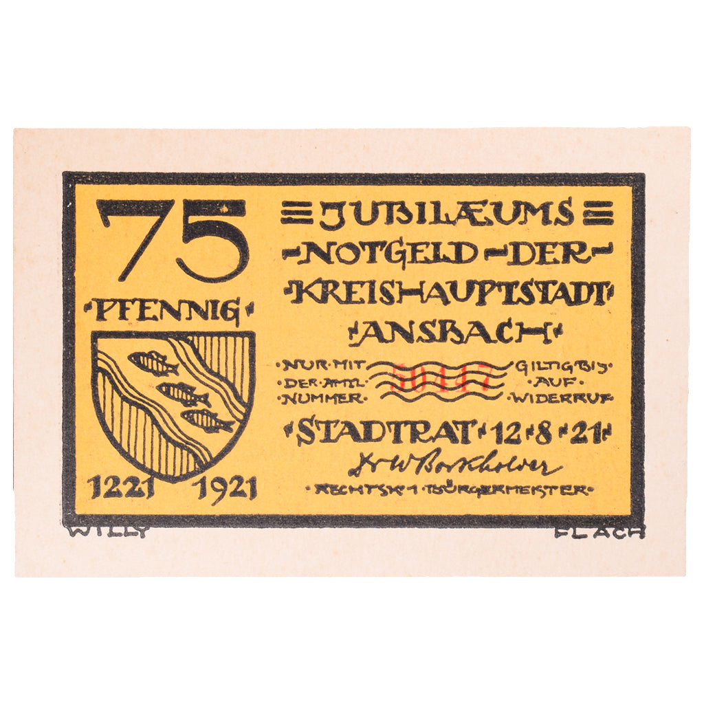 Banconote, Germania, Ansbach, 75 Pfennig, personnage, 1921, 1921-08-12, FDS