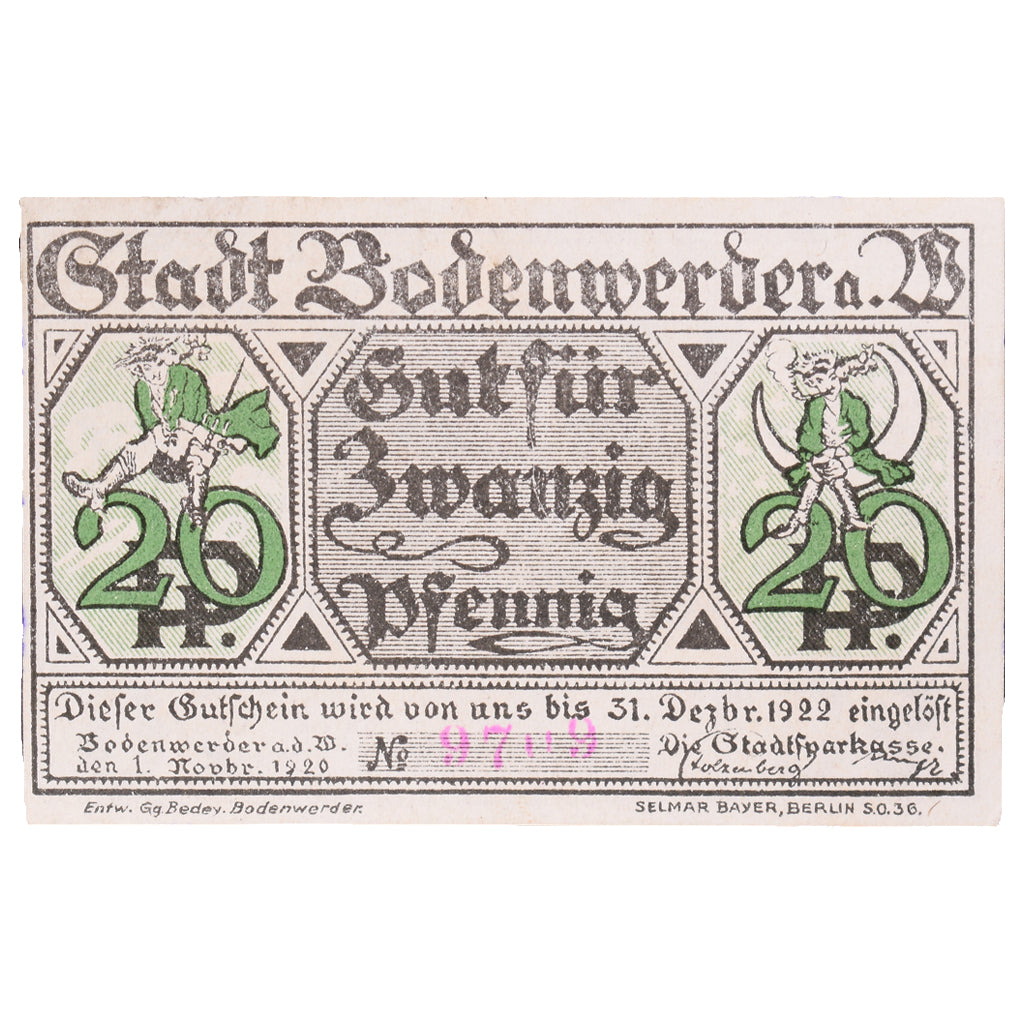 Geldschein, Deutschland, Bodenwerder Stadtsparkasse, 20 Pfennig, cavalier, 1922