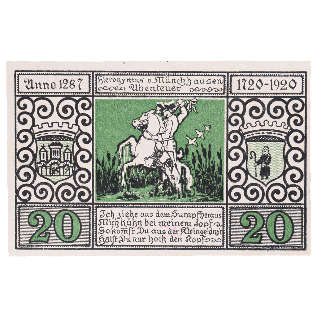 Geldschein, Deutschland, Bodenwerder Stadtsparkasse, 20 Pfennig, cavalier, 1922