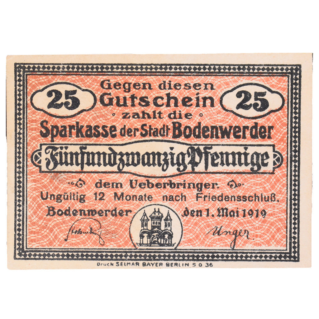Banconote, Germania, Bodenwerder Stadtsparkasse, 25 Pfennig, cavalier, 1922