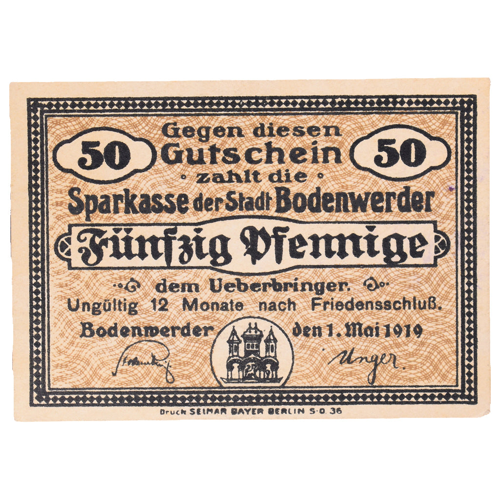 Banknot, Niemcy, Bodenwerder Stadtsparkasse, 50 Pfennig, cavalier, 1922