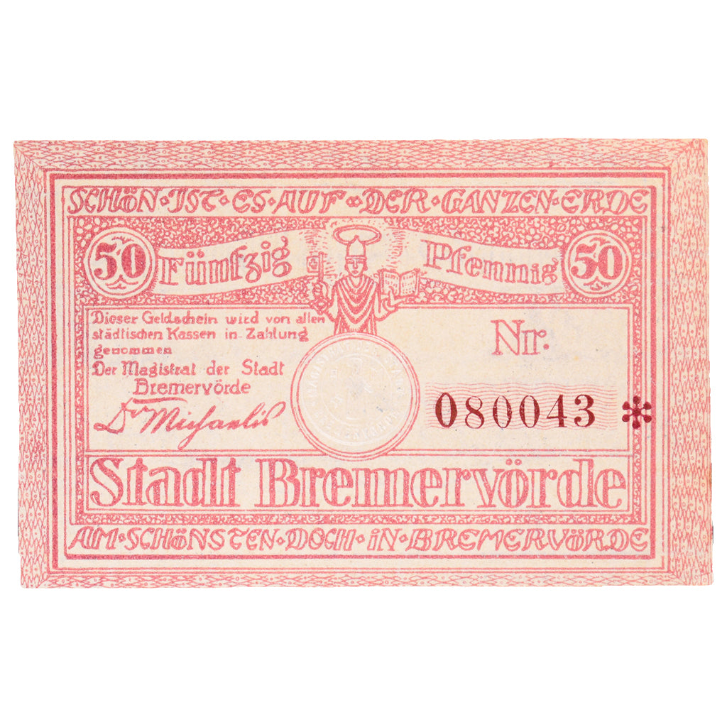 Geldschein, Deutschland, Bremervörde Stadt, 50 Pfennig, personnage 1, VZ