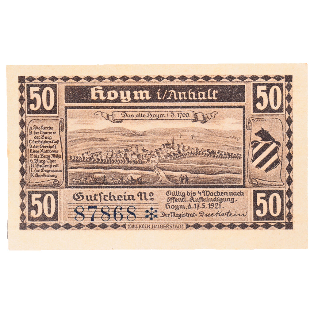 Geldschein, Deutschland, Hoym, 50 Pfennig, N.D, 1921, 1921-05-17, VZ+