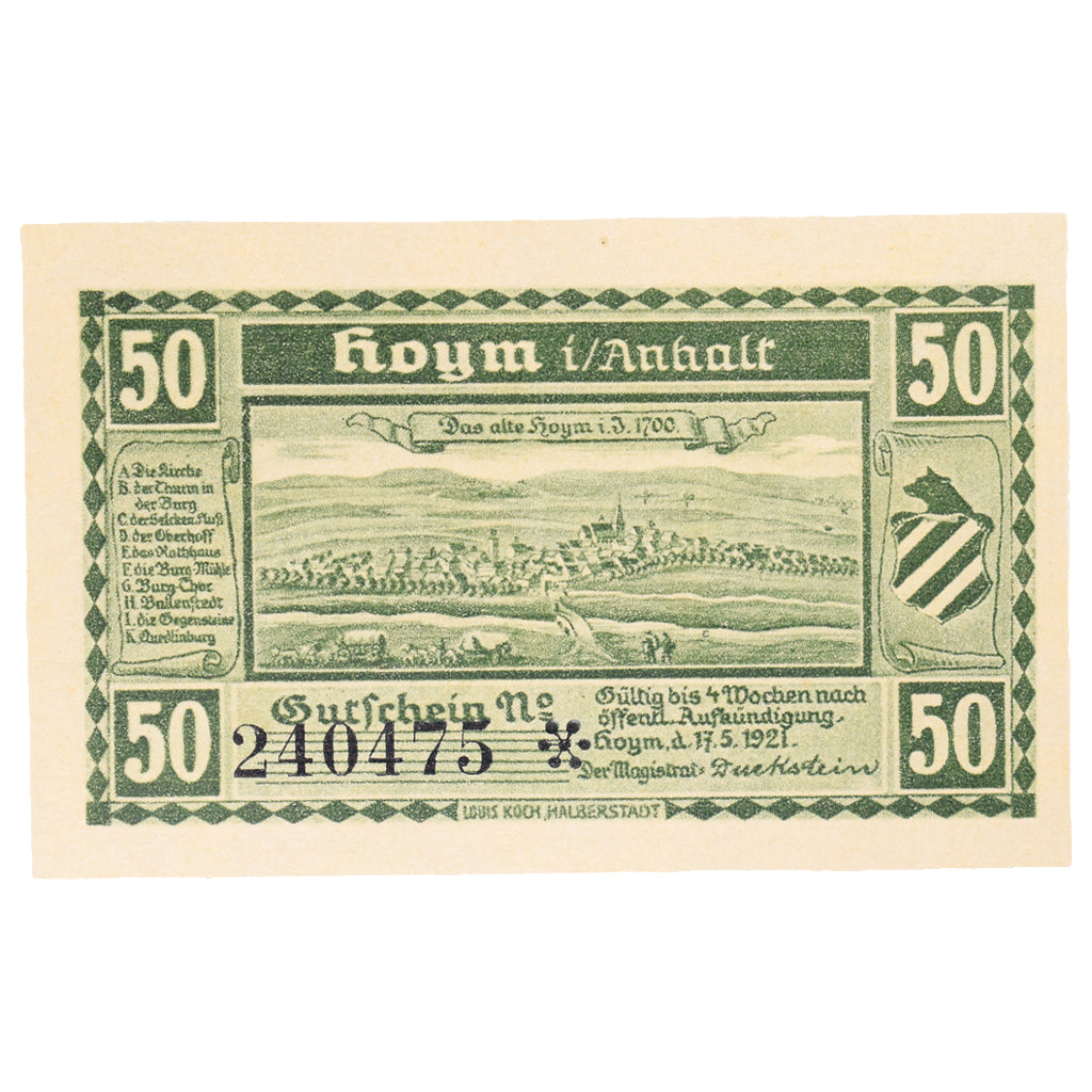 Geldschein, Deutschland, Hoym, 50 Pfennig, paysage 1, 1921, 1921-05-17, VZ+