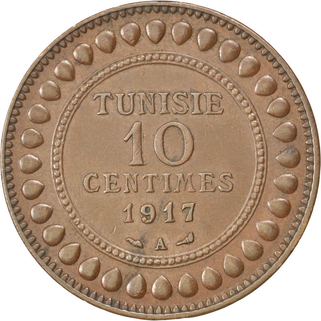 Tunisia, Muhammad al-Nasir Bey, 10 Centimes, 1917, Paris, Bronze, AU(50-53)