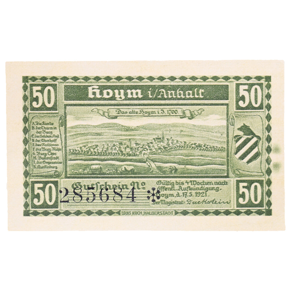 Geldschein, Deutschland, Hoym, 50 Pfennig, paysage 3, 1921, 1921-05-17, VZ+