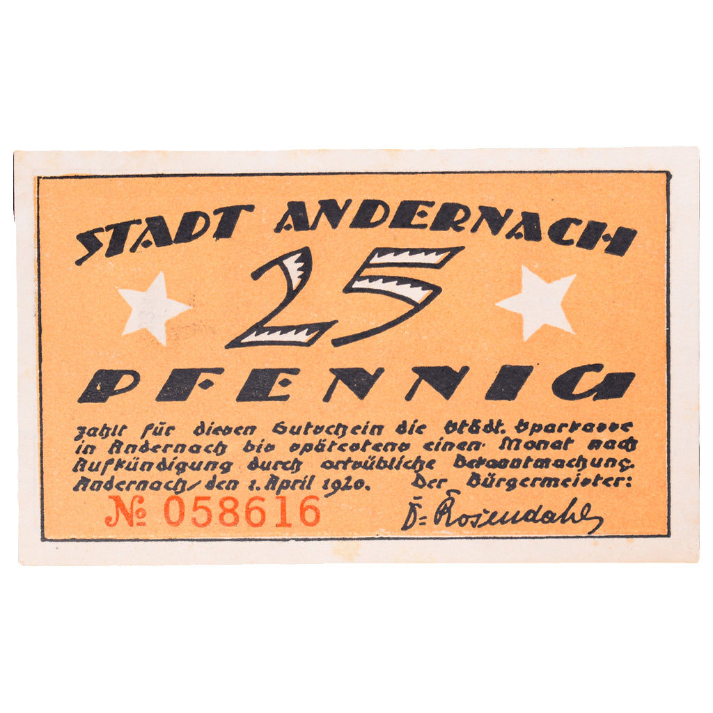 Banknot, Niemcy, Andernach, 25 Pfennig, château, 1920, 1921-04-01, AU(55-58)
