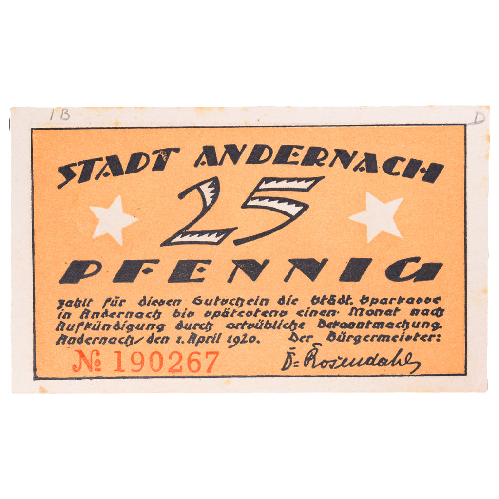 Geldschein, Deutschland, Andernach, 25 Pfennig, chateau 1, 1920, 1921-04-01, VZ