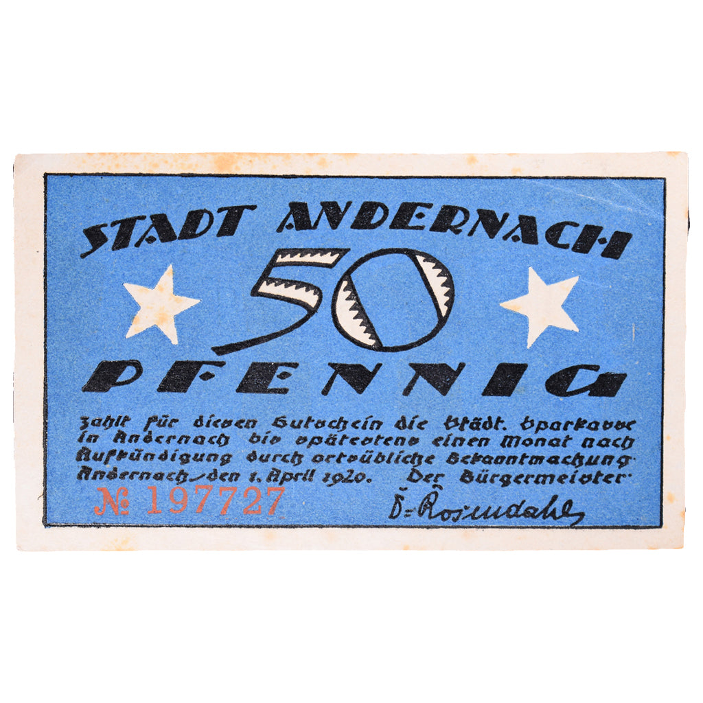 Geldschein, Deutschland, Andernach, 50 Pfennig, château, 1920, 1921-04-01, VZ