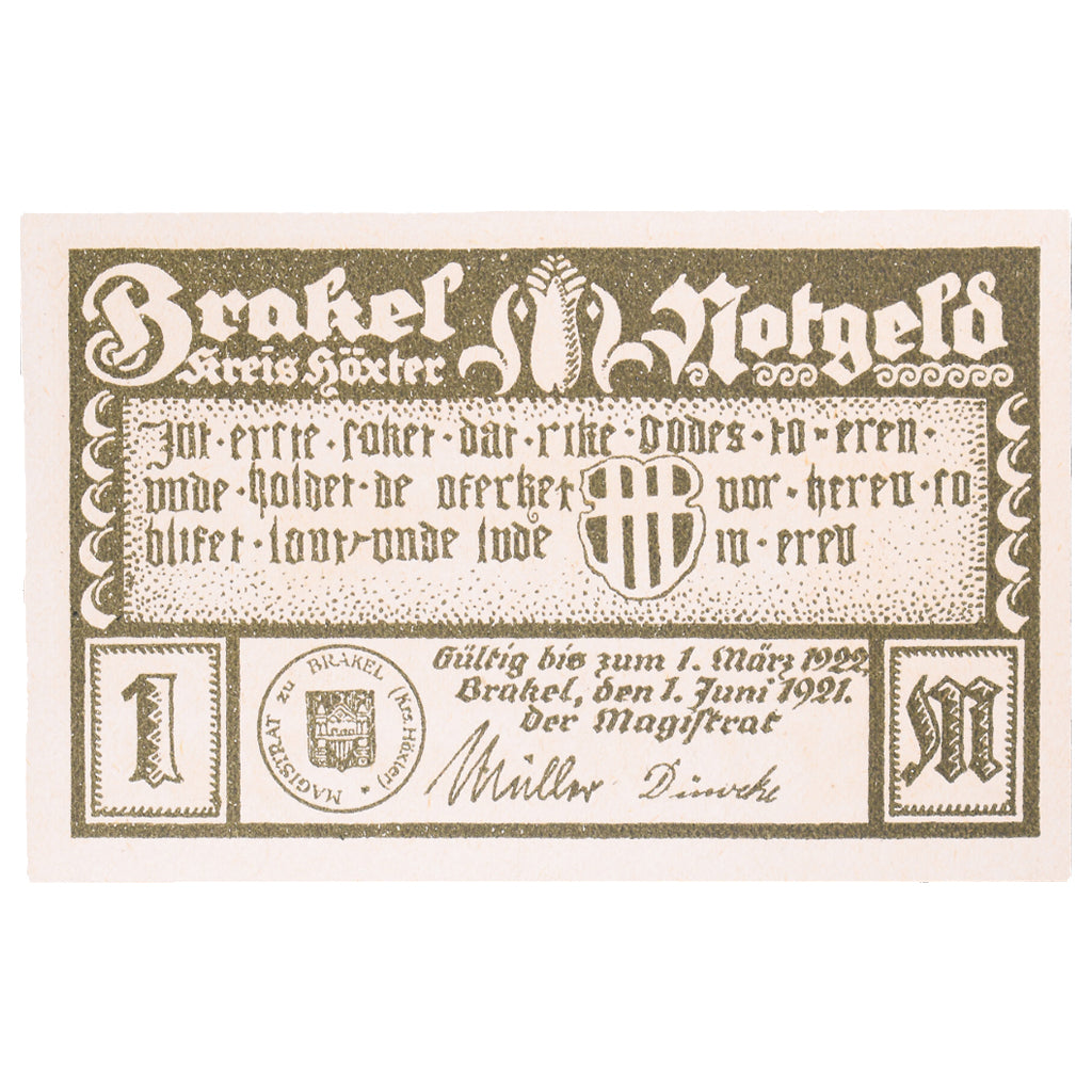 Banknot, Niemcy, Brakel Stadt, 1 Mark, village, 1921, 1921-06-01, UNC(60-62)