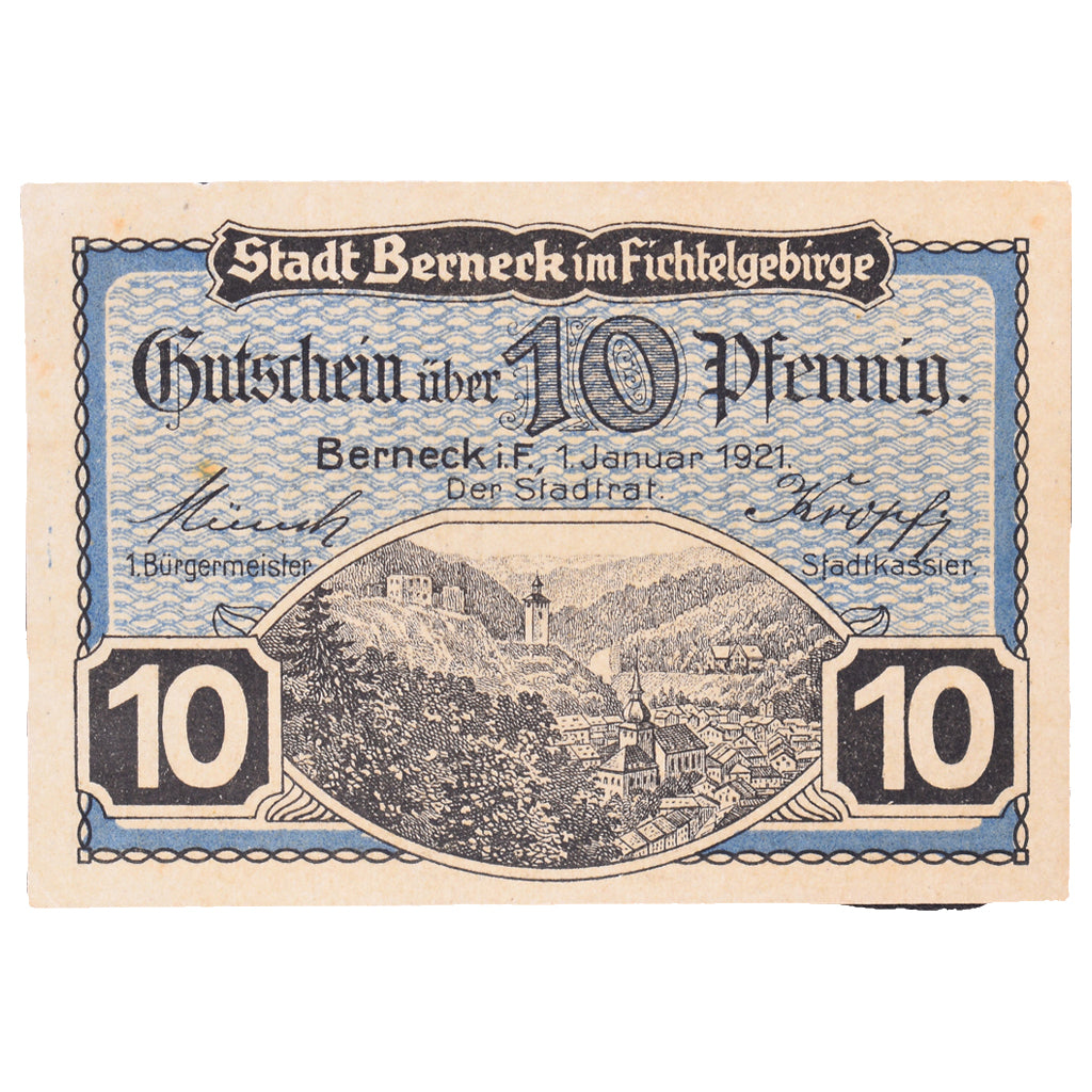 Banknot, Niemcy, Berneck im Fichtelgebirge Stadt, 10 Pfennig, village, 1921