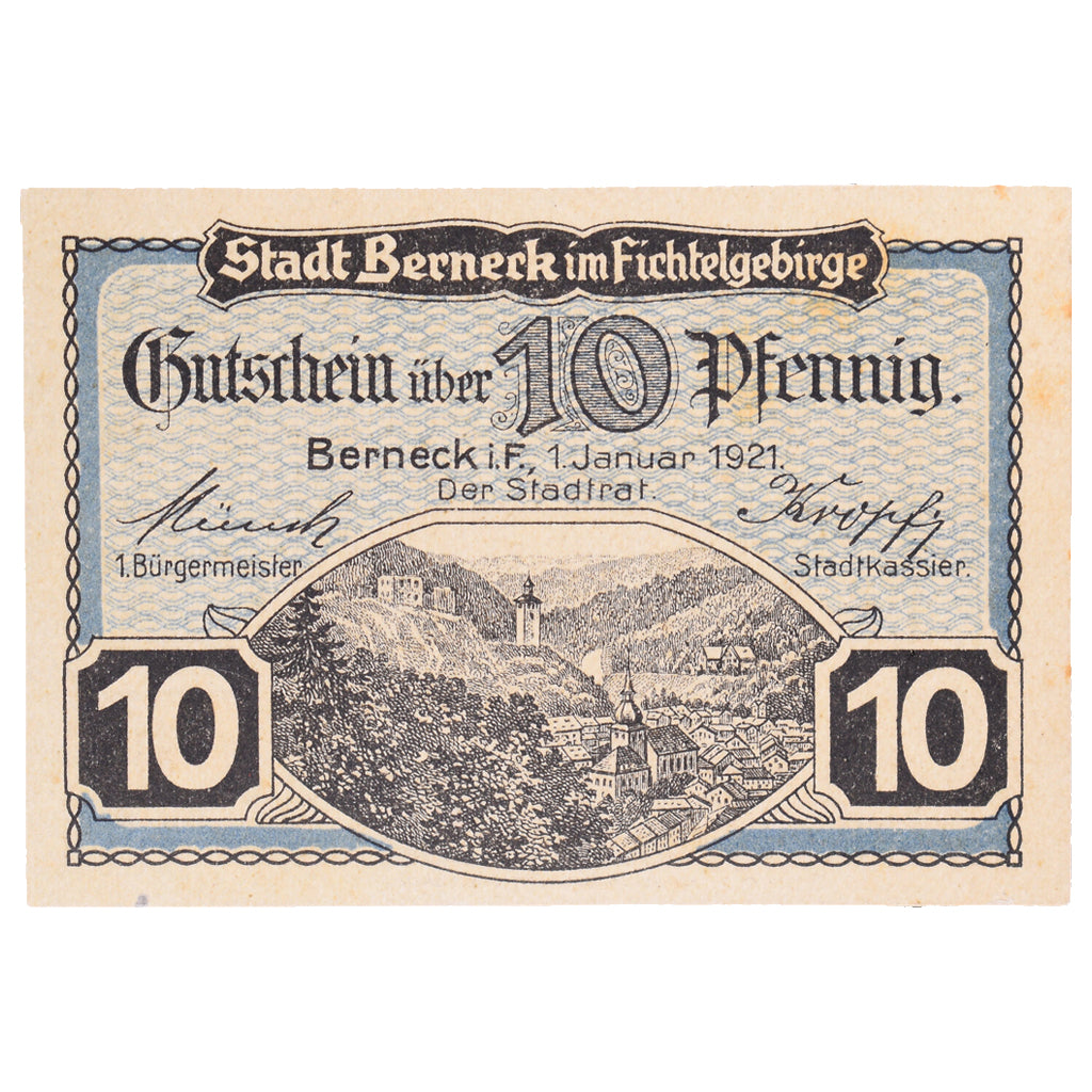 Banconote, Germania, Berneck im Fichtelgebirge Stadt, 10 Pfennig, village 1