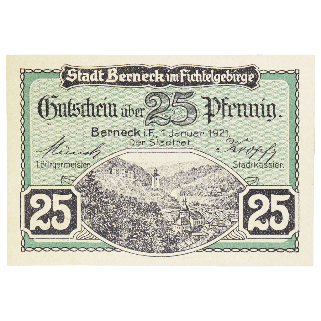 Banconote, Germania, Berneck im Fichtelgebirge Stadt, 25 Pfennig, village, 1921