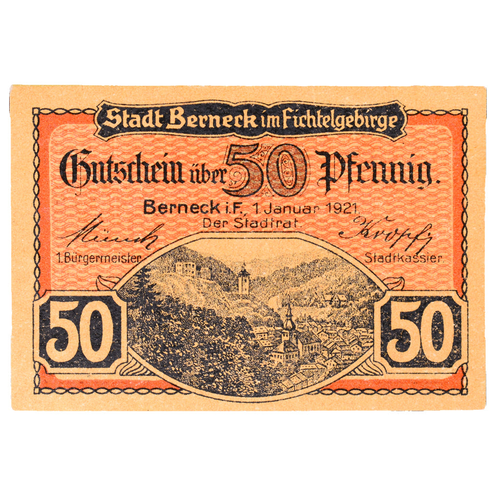 Geldschein, Deutschland, Berneck im Fichtelgebirge Stadt, 50 Pfennig, village