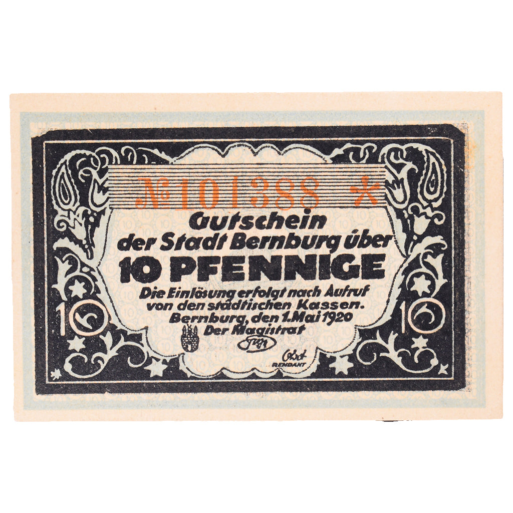 Banknot, Niemcy, Bernburg Stadt, 10 Pfennig, place, 1920, 1920-05-01