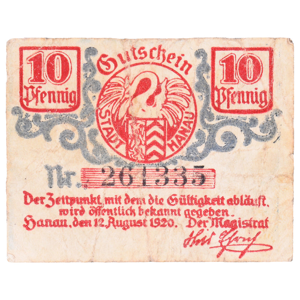 Banconote, Germania, Hanau Stadt, 10 Pfennig, statue, 1920, 1920-08-11, BB