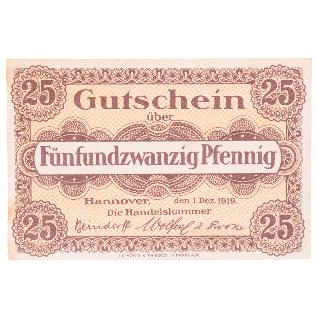 Banconote, Germania, Hannover Handelskammer, 25 Pfennig, texte 1, 1919