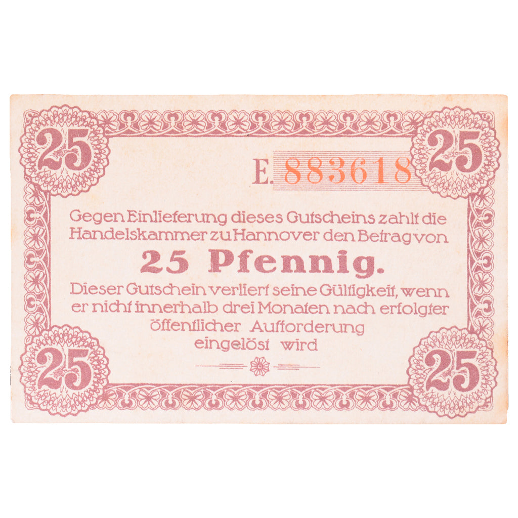 Banconote, Germania, Hannover Handelskammer, 25 Pfennig, texte 1, 1919