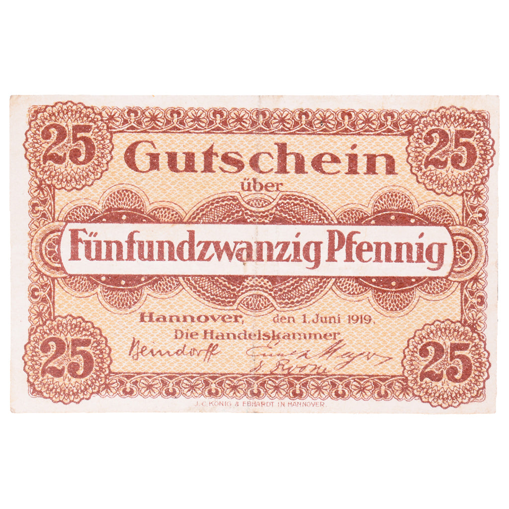 Geldschein, Deutschland, Hannover Handelskammer, 25 Pfennig, Texte 2, 1919