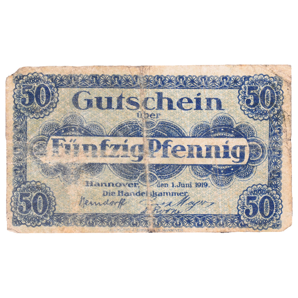 Geldschein, Deutschland, Hannover Handelskammer, 50 Pfennig, texte 1, 1919