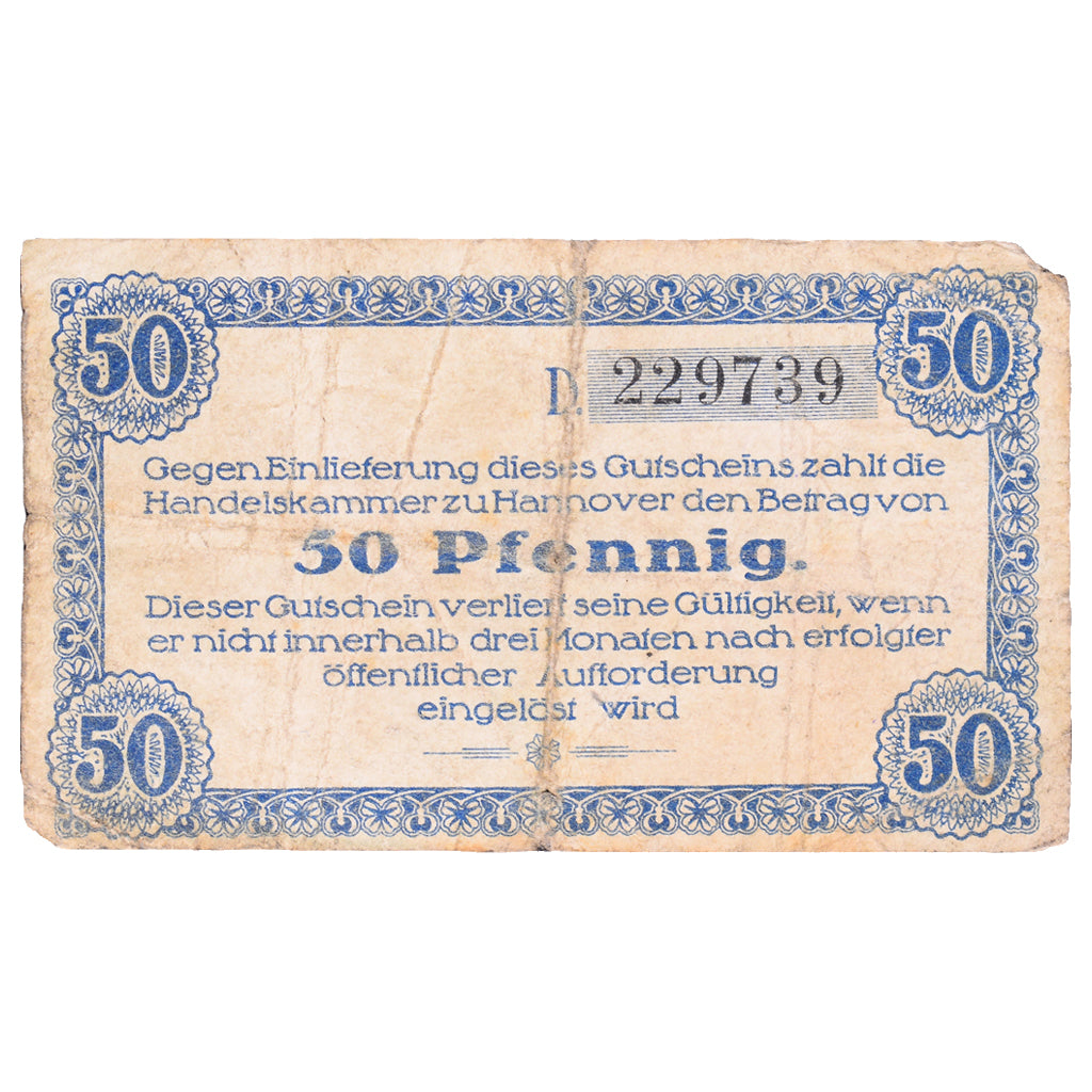 Geldschein, Deutschland, Hannover Handelskammer, 50 Pfennig, texte 1, 1919