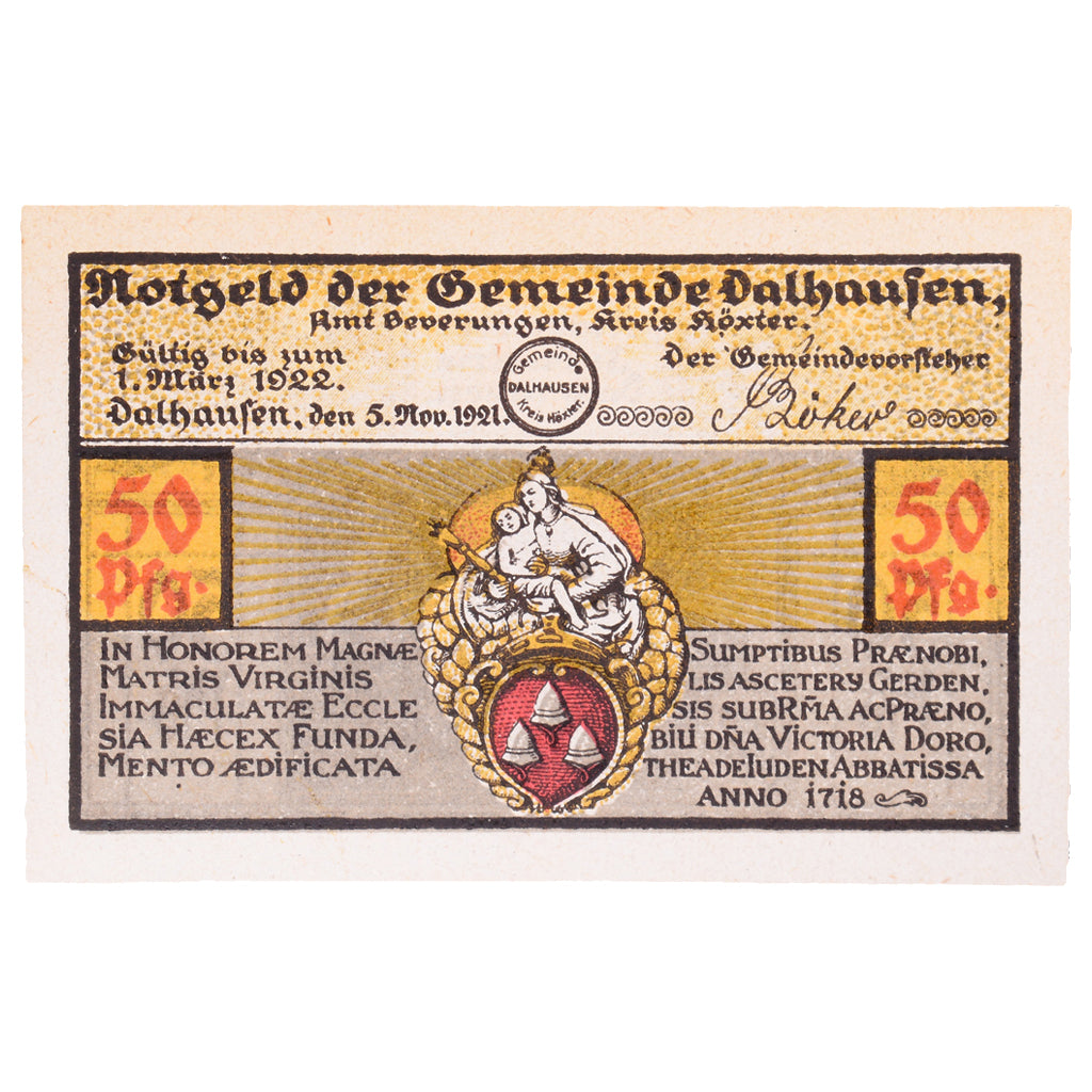 Banknot, Niemcy, Dalhausen Gemeinde, 50 Pfennig, personnage 1, 1922, 1922-03-01