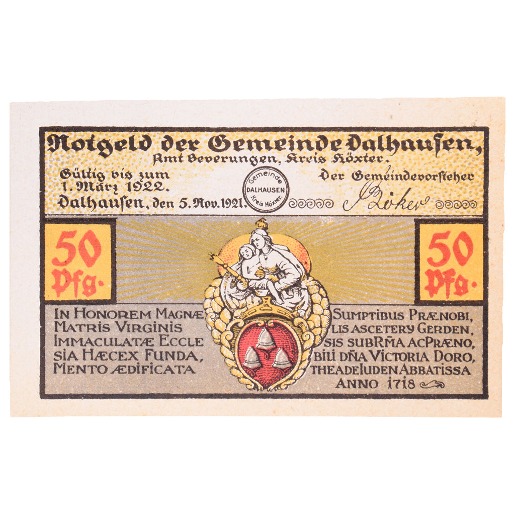 Banconote, Germania, Dalhausen Gemeinde, 50 Pfennig, personnage 2, 1922