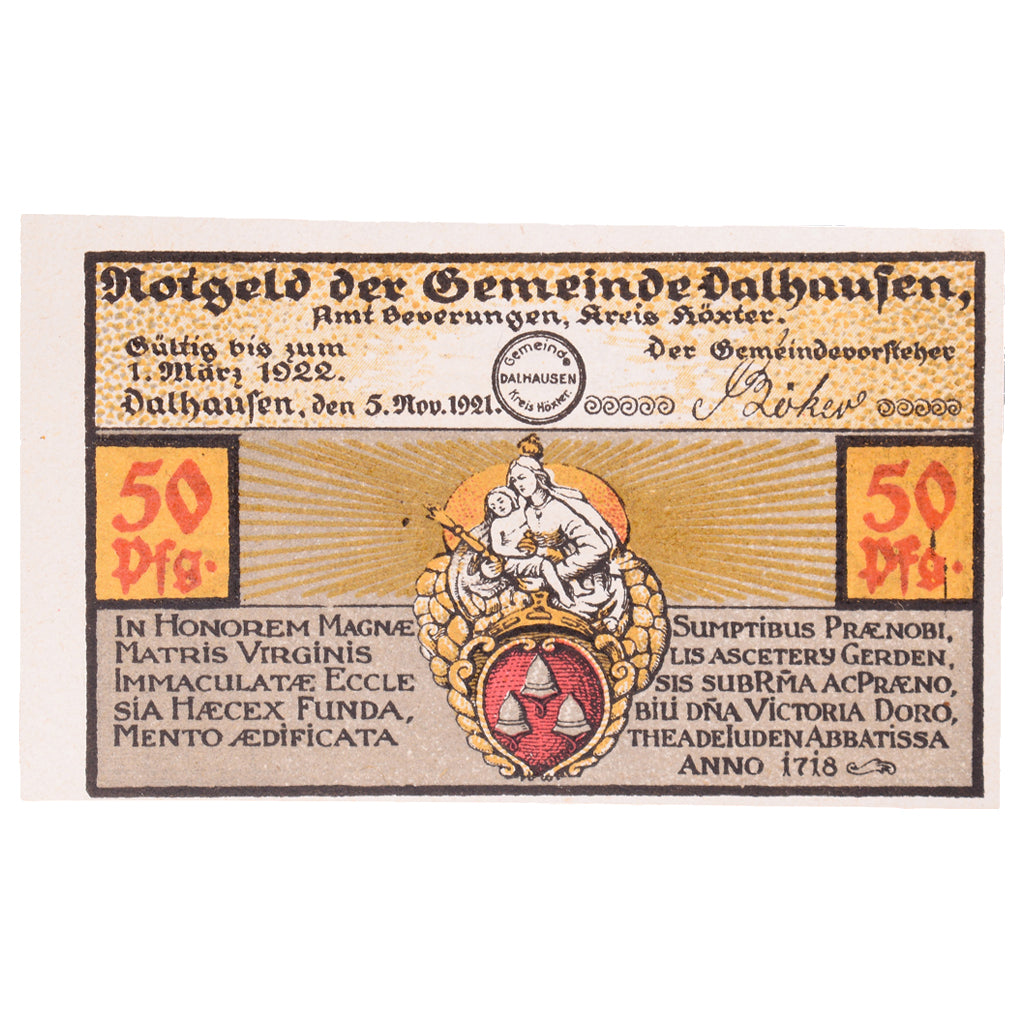 Geldschein, Deutschland, Dalhausen Gemeinde, 50 Pfennig, personnage 3, 1922