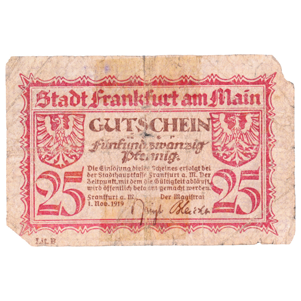 Geldschein, Deutschland, Frankfurt am Main Stadt, 25 Pfennig, paysage 1, 1919