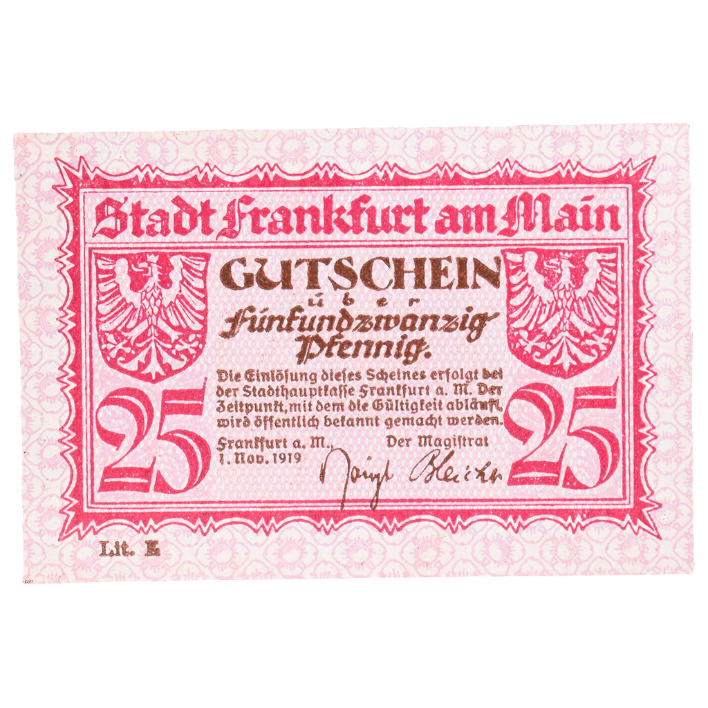 Banknot, Niemcy, Frankfurt am Main Stadt, 25 Pfennig, paysage 4, 1919