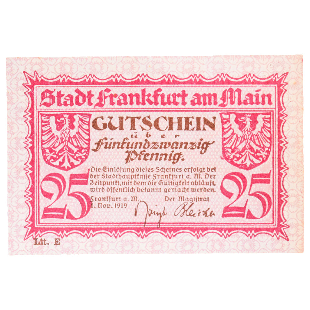 Banconote, Germania, Frankfurt am Main Stadt, 25 Pfennig, paysage 6, 1919